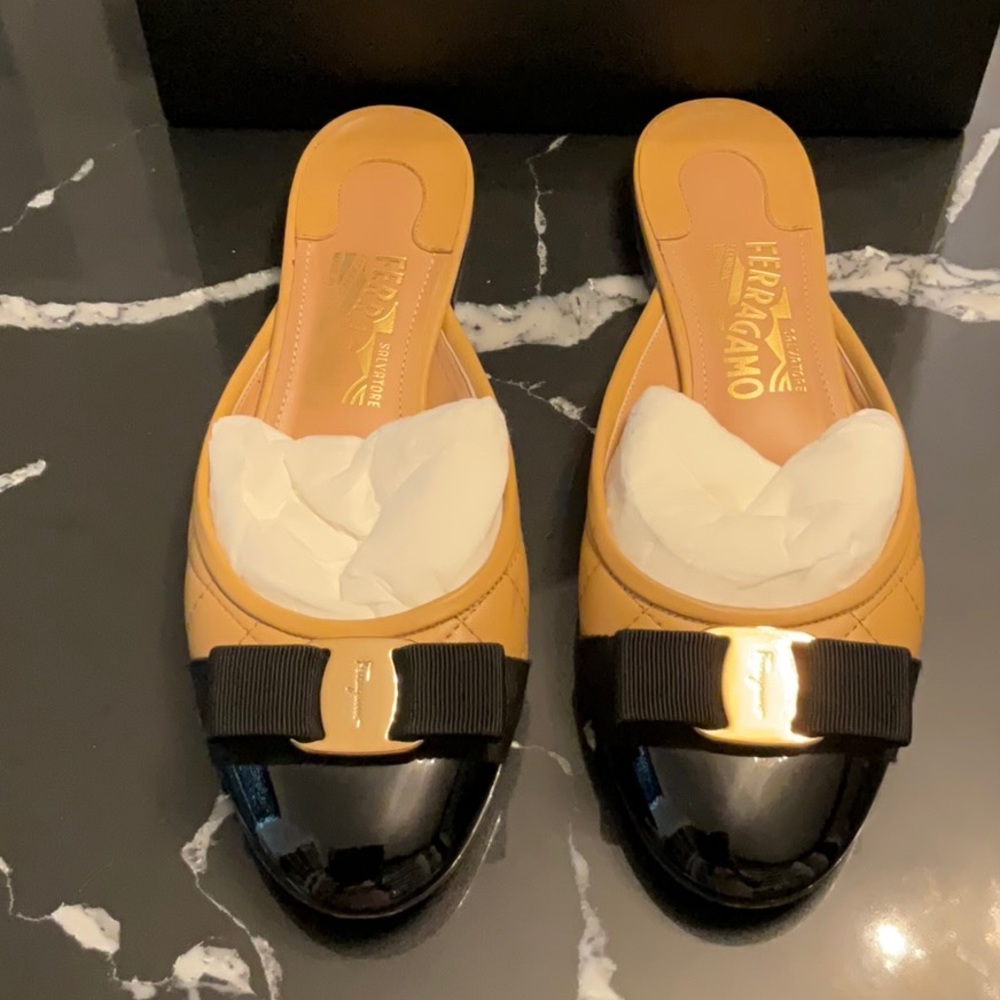 Ferragamo Vara Mules black patent toe cap and soft tan leather w/gold detail